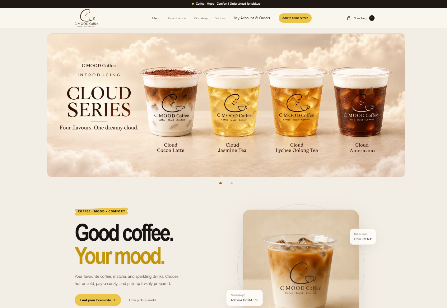 C Mood Coffee customer website showing the Cloud Series and coffee menu introduction