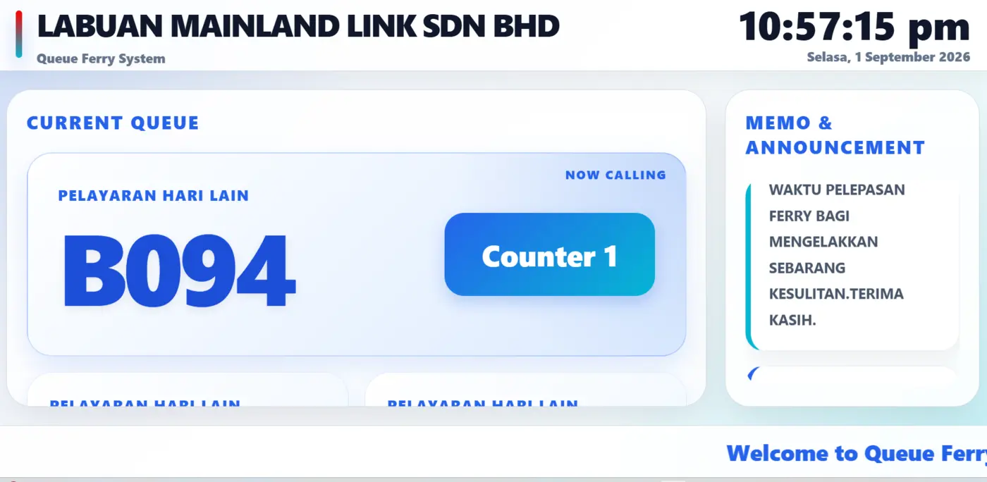 Queue Ferry customer calling board — actual project